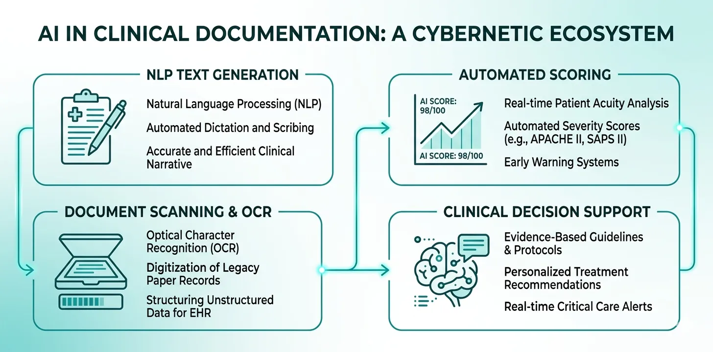 Infographic diagram showing four categories of AI in ICU clinical documentation: NLP text generation, automated severity scoring, document OCR, and clinical decision support