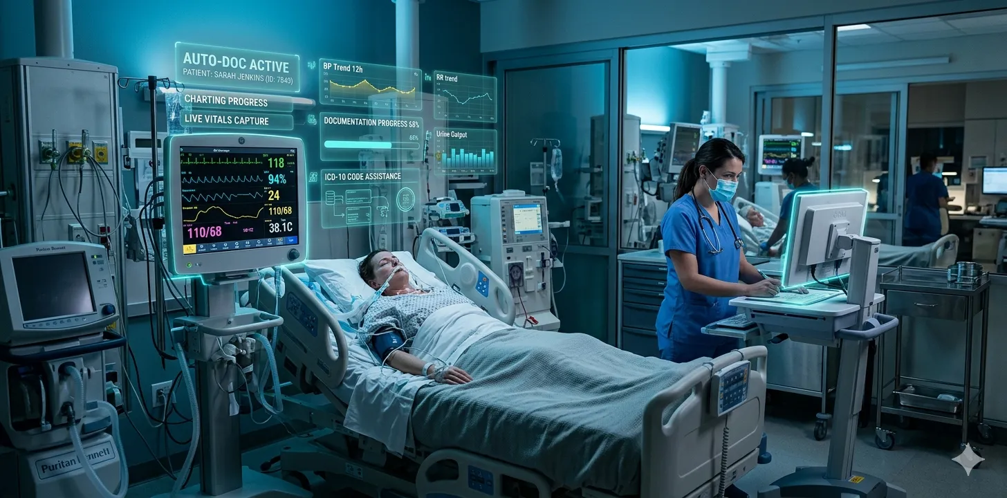 AI-powered clinical documentation interface overlaid on an ICU monitoring environment showing vital signs, representing artificial intelligence in critical care