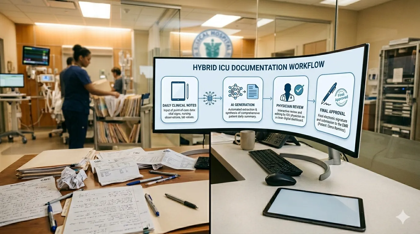 Flowchart showing the four-step hybrid ICU documentation workflow: structured daily notes feeding into AI draft generation, physician review and annotation, and final approval and export