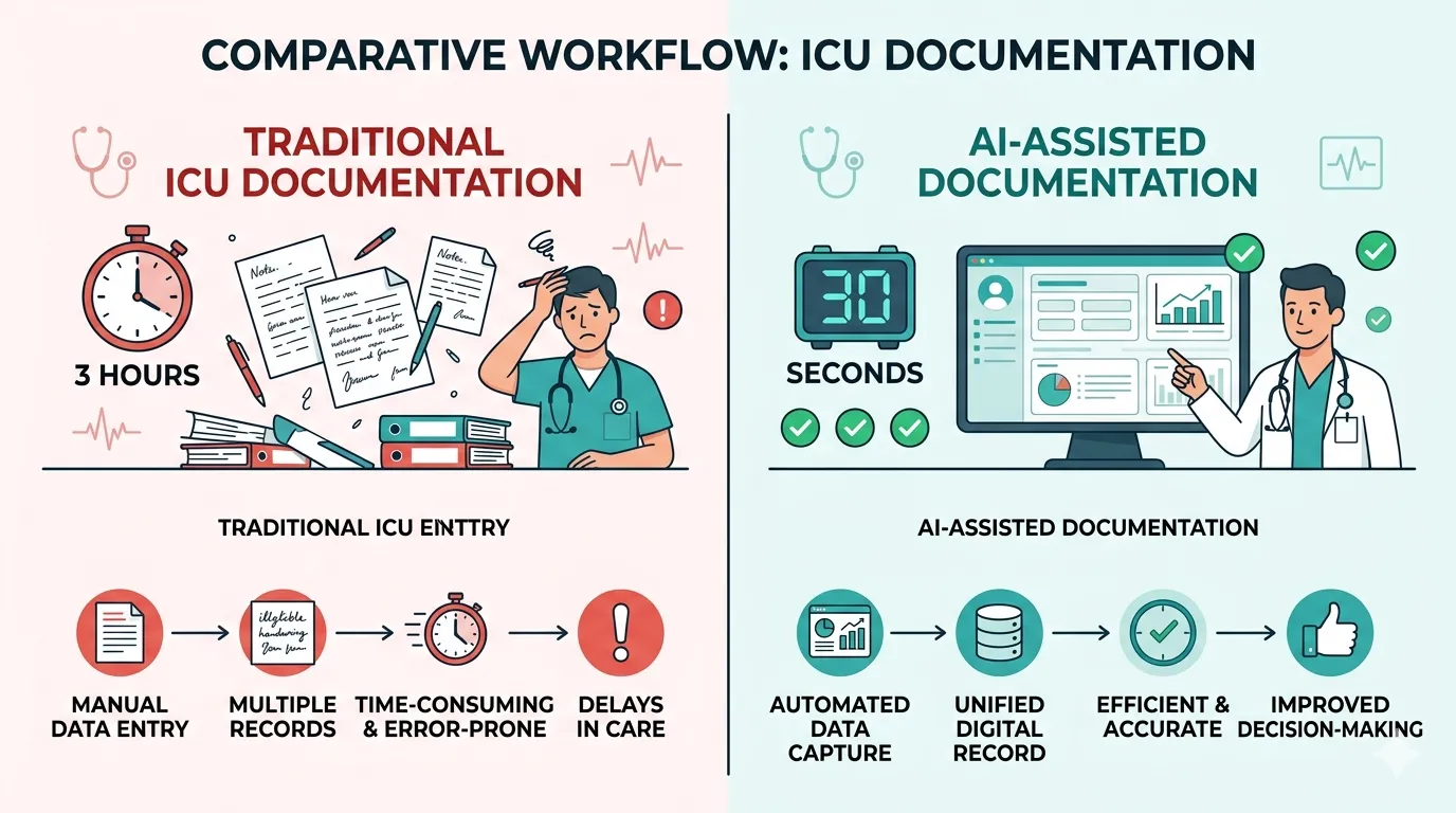Side-by-side comparison of manual vs AI-assisted ICU discharge documentation: manual process takes 3 hours with handwritten notes; AI-assisted takes under 2 minutes with structured daily notes