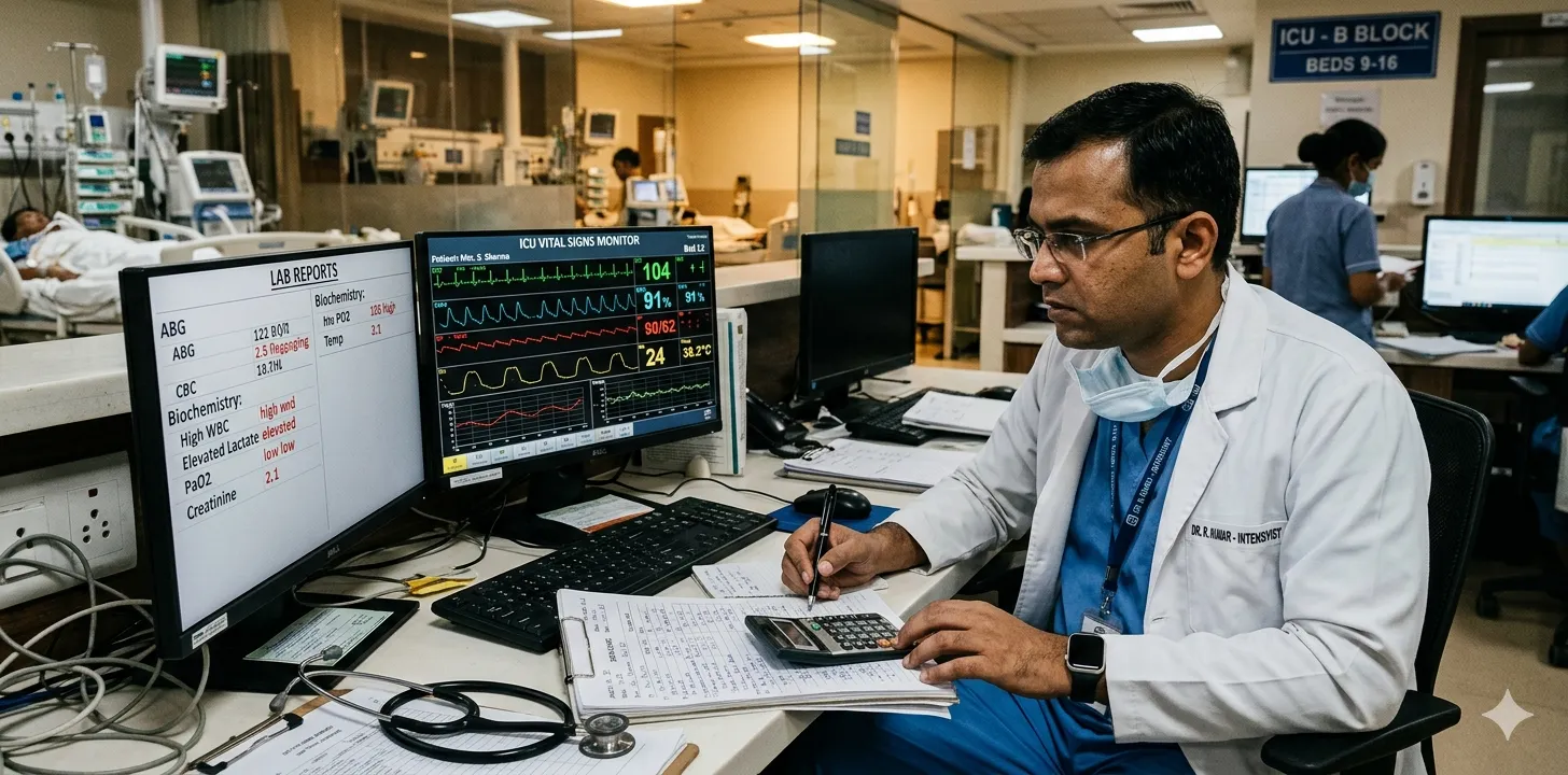 ICU clinician calculating APACHE II severity score from patient physiological data and lab reports within the first 24 hours of admission