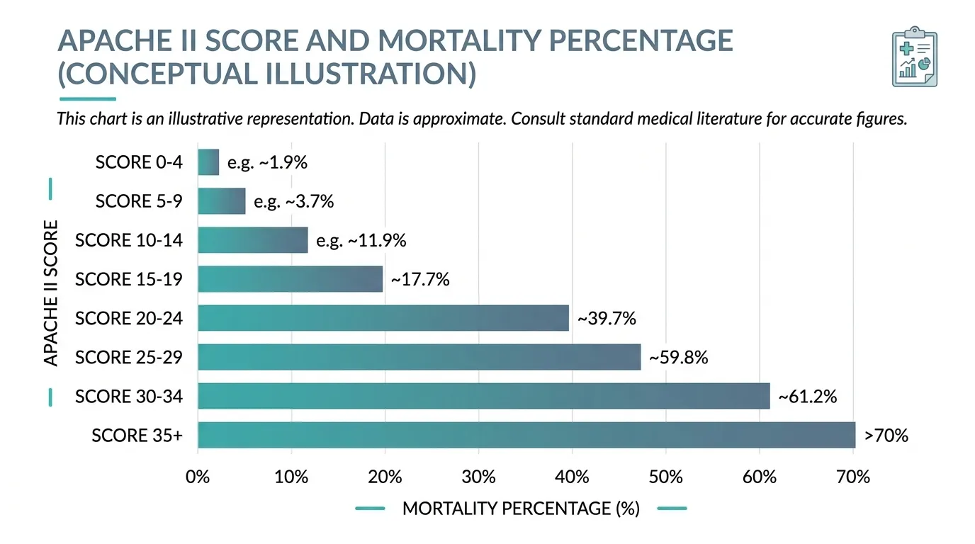 Bar chart showing APACHE II score ranges 0–35+ plotted against predicted hospital mortality percentage, from under 4% at low scores to over 85% at scores above 35