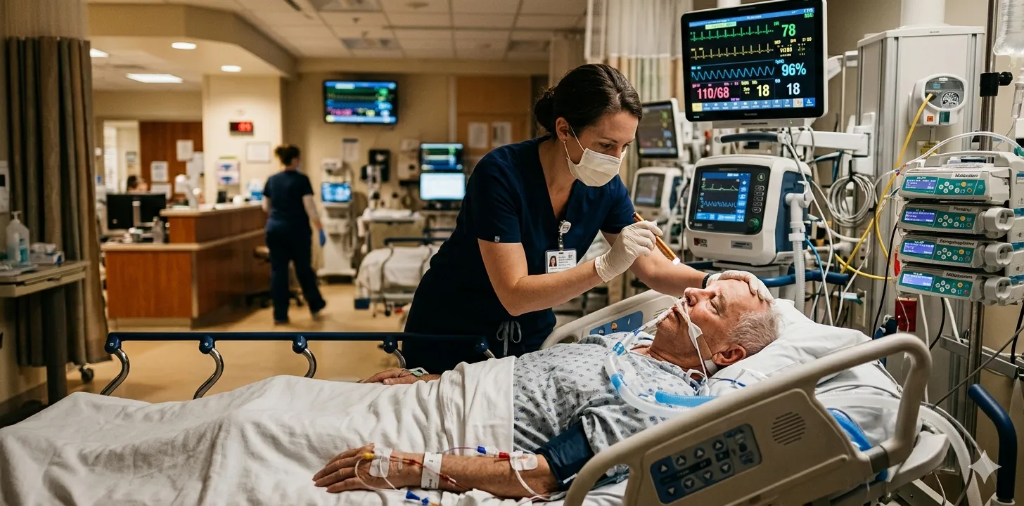 ICU clinician performing a bedside neurological assessment using the Glasgow Coma Scale, checking eye opening, verbal, and motor responses on a critically ill patient