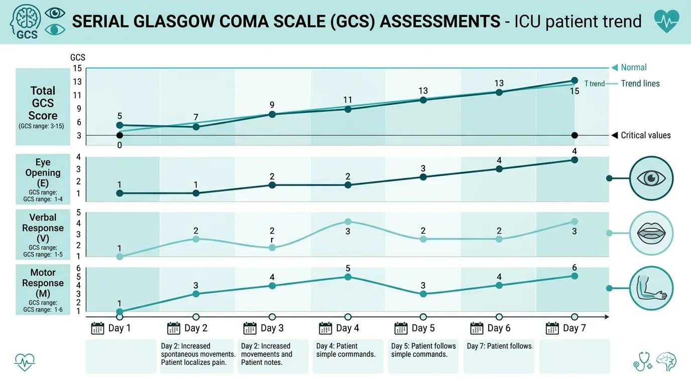 Clinical chart showing serial Glasgow Coma Scale assessments tracked daily over an ICU stay, with E+V+M component breakdowns and trend lines showing neurological improvement