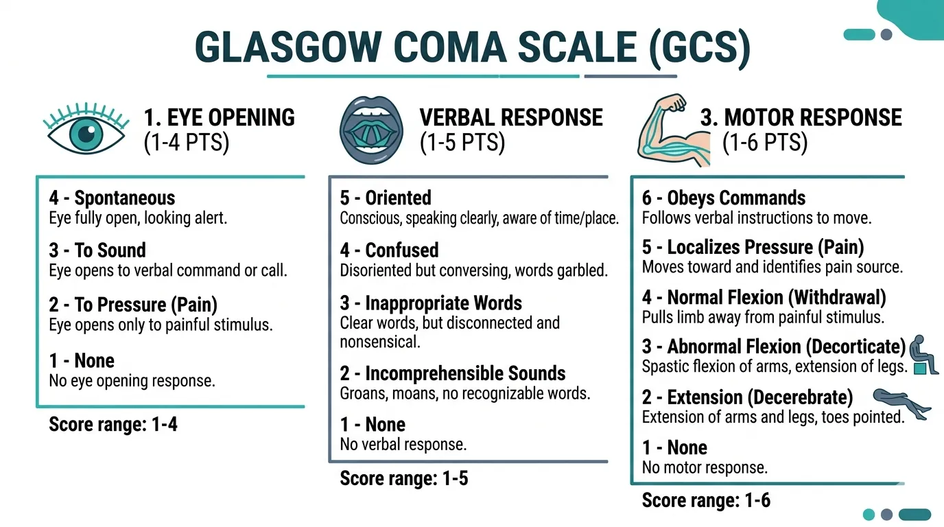 Glasgow Coma Scale infographic showing three components: eye opening scored 1–4, verbal response scored 1–5, and motor response scored 1–6 with assessment criteria for each
