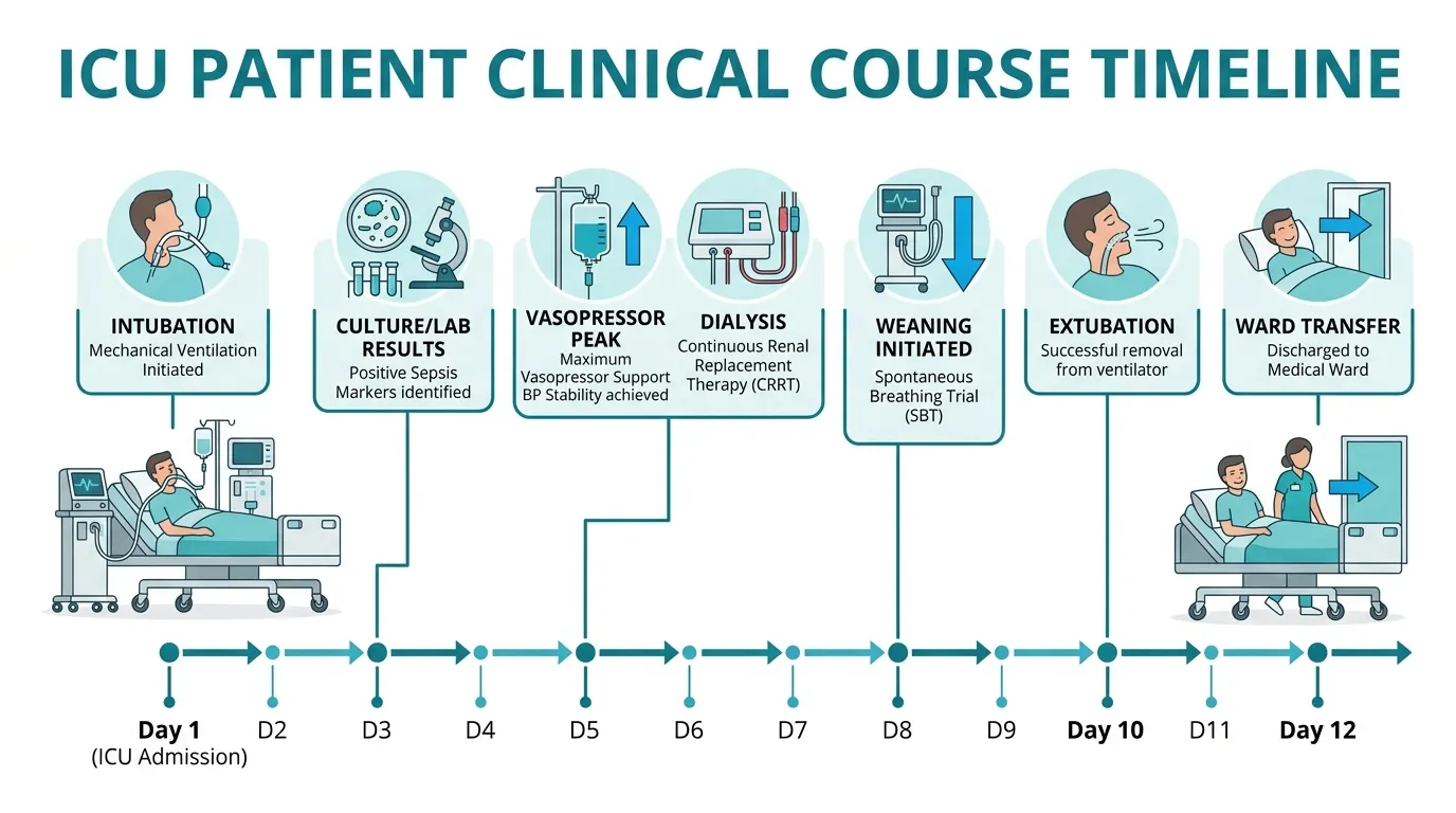 ICU clinical course timeline showing 12-day patient journey: Day 1 intubation, Day 3 culture result, Day 5 peak vasopressors and renal replacement therapy, Day 8 weaning, Day 10 extubation, Day 12 ward transfer