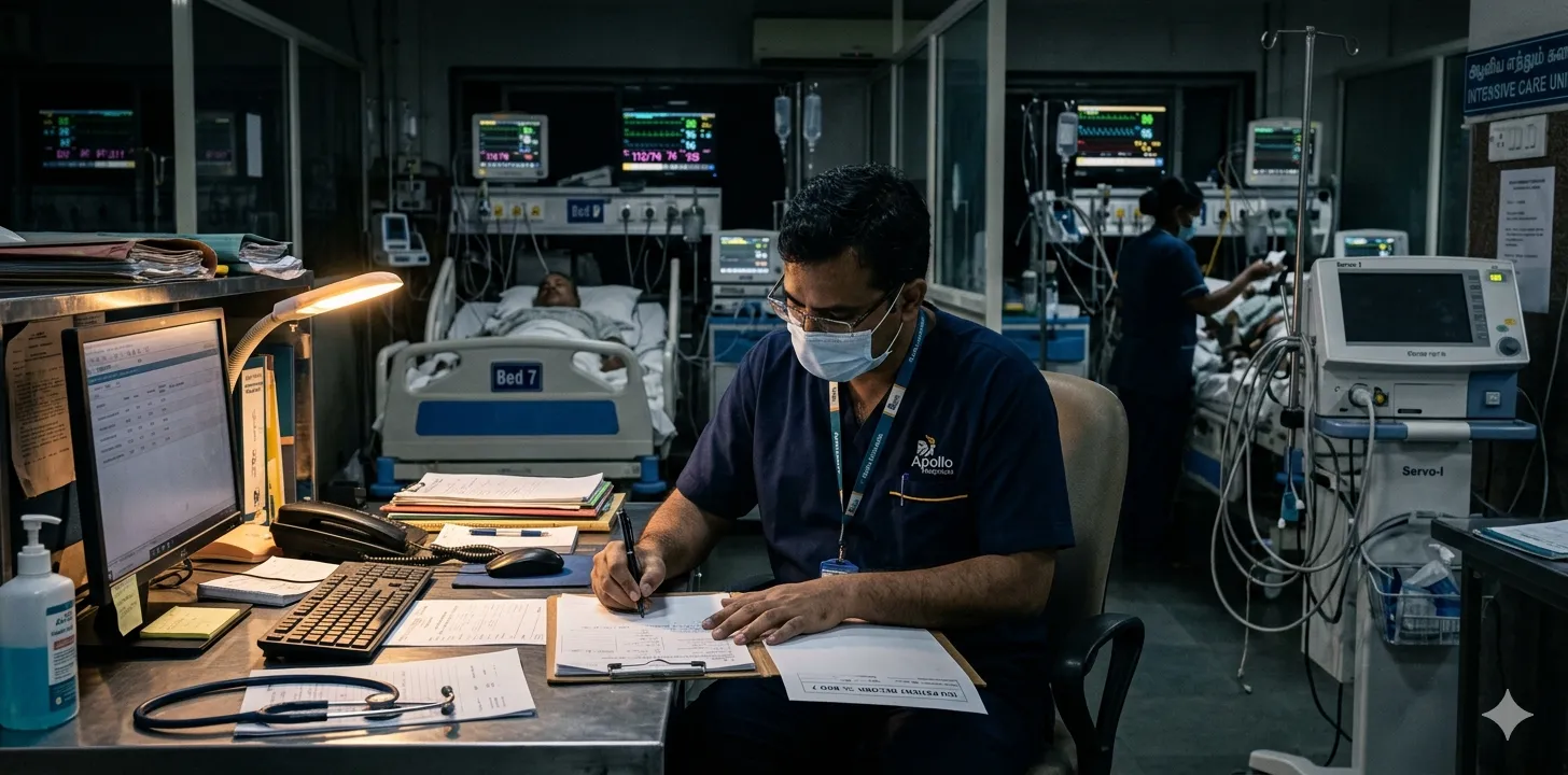 ICU doctor completing a death summary at a clinical workstation in an Indian hospital, with patient monitoring equipment and medical records visible