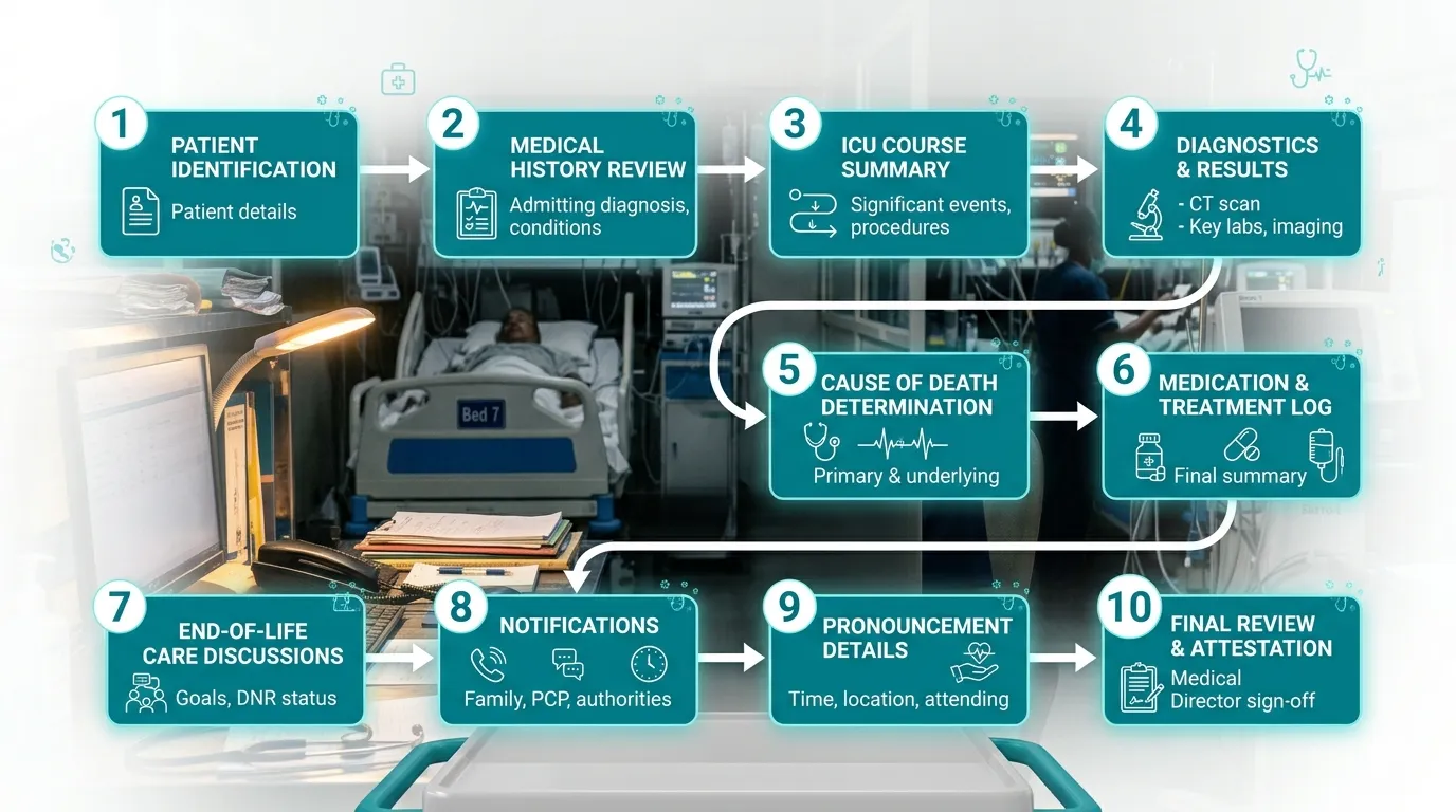 Flowchart infographic showing the 10-step ICU death summary documentation process: from terminal event through death pronouncement, cause-of-death chain, family counselling, and body handover