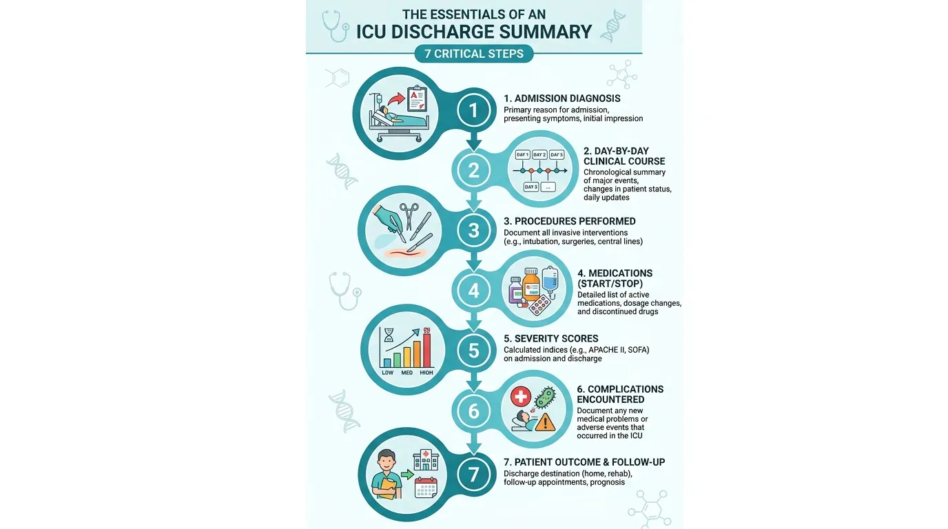 Infographic showing the 7 required elements of a TPA-ready ICU discharge summary: admission diagnosis, clinical course, procedures, medications, SOFA scores, complications, and outcome