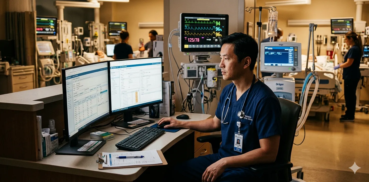 ICU doctor reviewing patient charts and discharge documentation at a modern clinical workstation with monitors in background