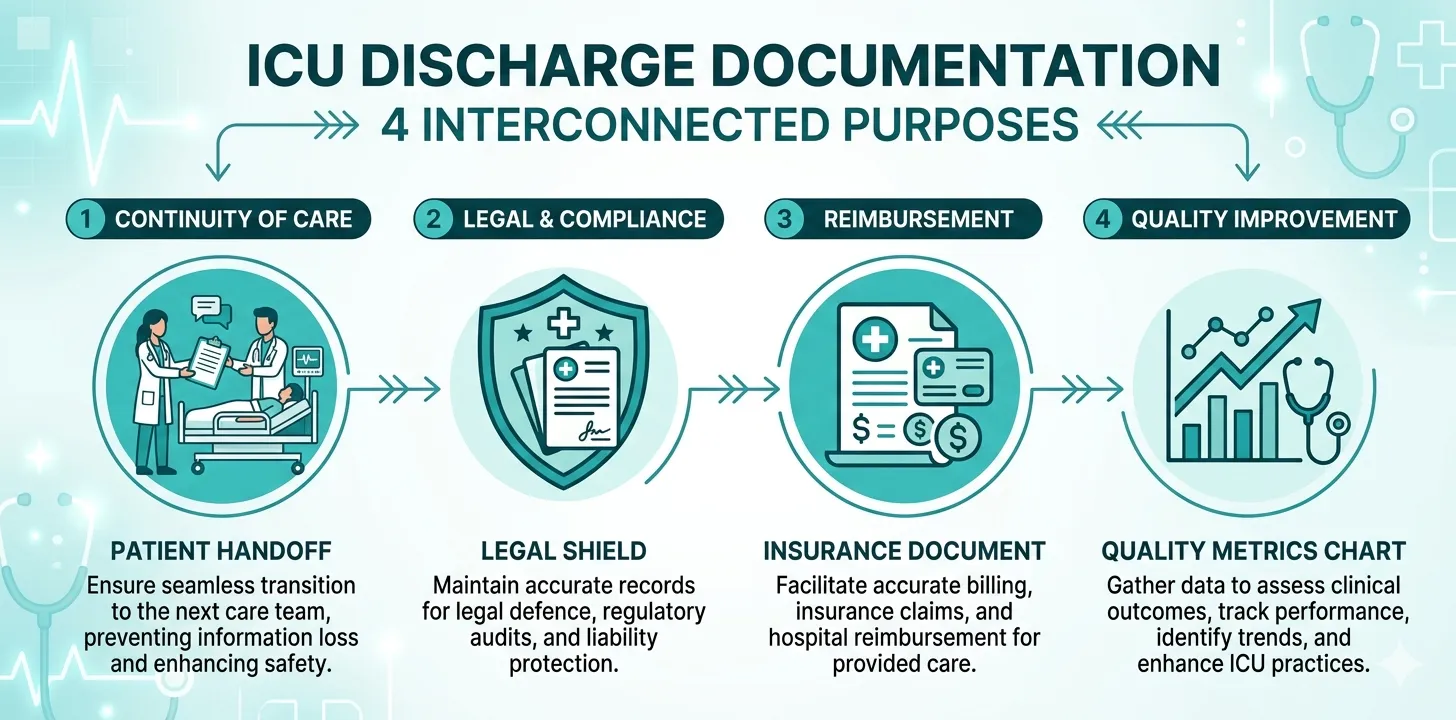 Infographic showing four purposes of ICU discharge documentation: continuity of care, legal protection, TPA insurance claims, and quality metrics