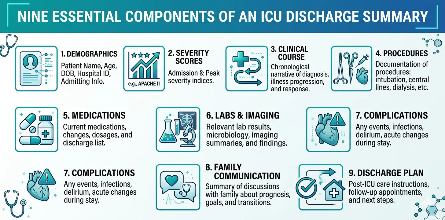 Checklist infographic of the nine essential components of an ICU discharge summary: demographics, severity scores, clinical course, procedures, medications, labs, complications, family communication, and discharge plan