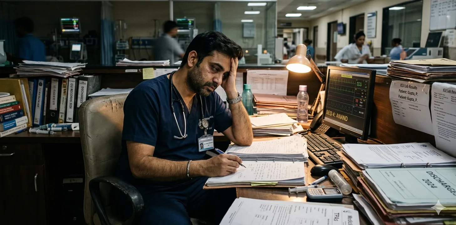 ICU doctor sitting at a desk surrounded by patient files, handwritten notes, and lab reports — representing the manual documentation burden in Indian hospitals