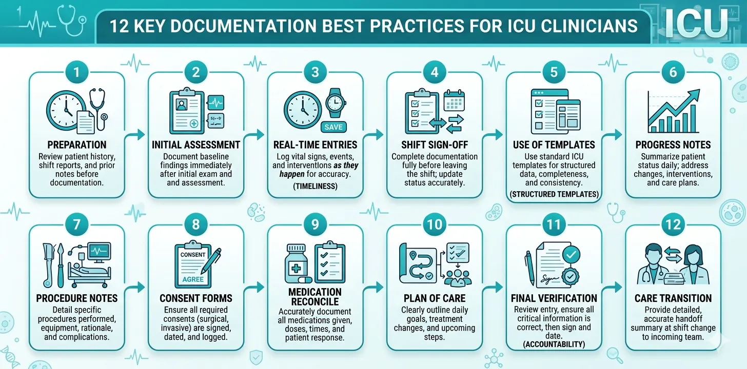 Flowchart infographic showing 12 ICU documentation best practices for intensivists arranged in a logical workflow, with icons for timeliness, structured templates, and clinical accountability