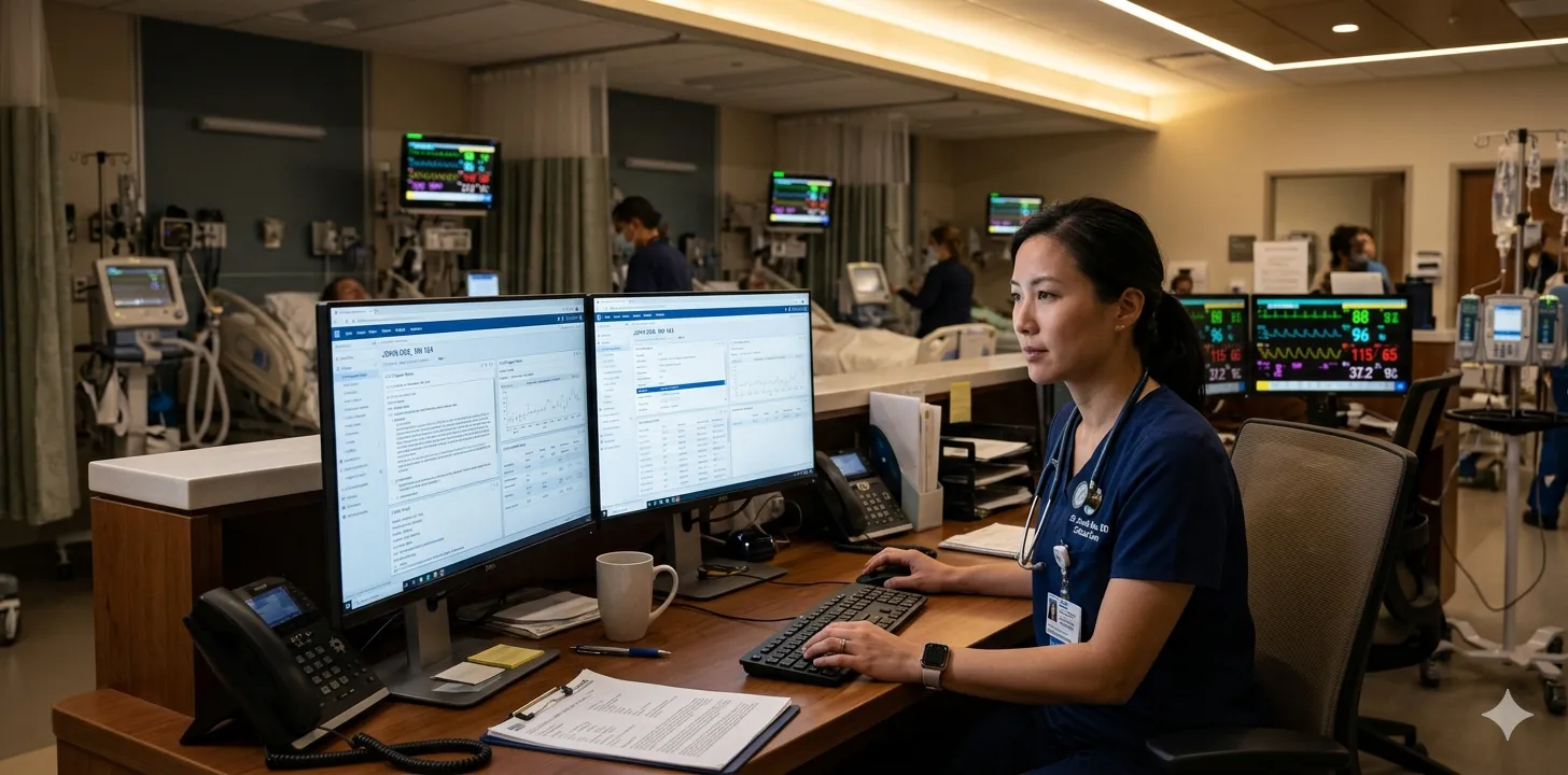 ICU intensivist reviewing patient charts and clinical documentation at a modern workstation, multiple patient monitors displaying vital signs in the background