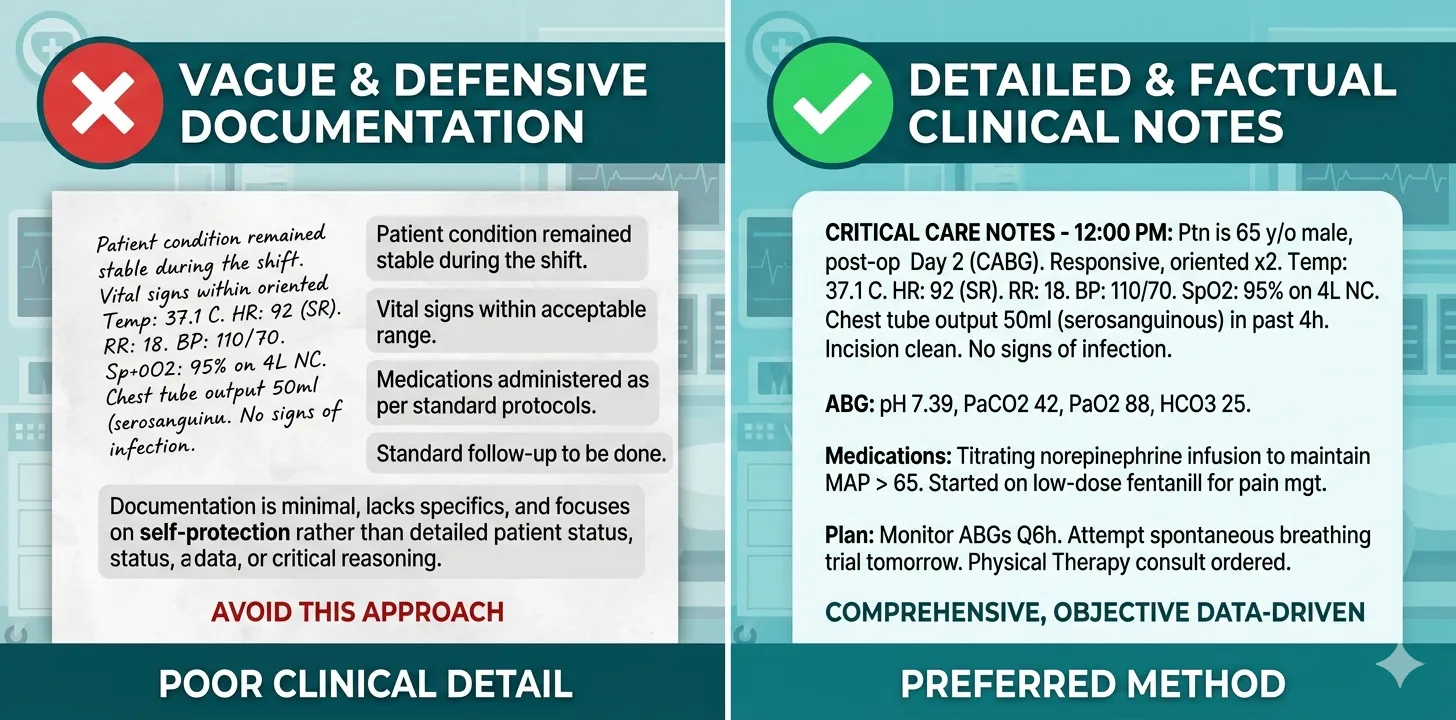 Side-by-side infographic comparing poor defensive ICU clinical documentation (red X, vague text) versus strong factual documentation (green checkmark, detailed clinical notes)