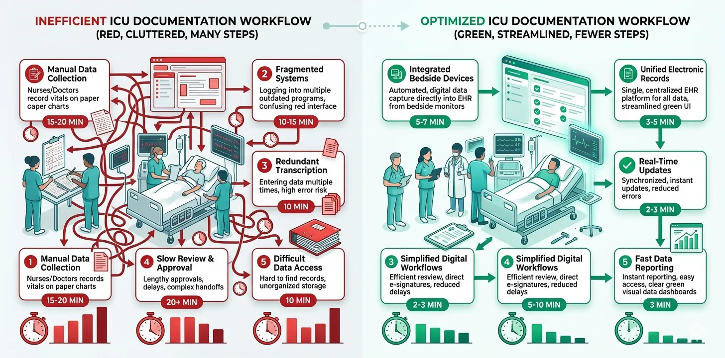 Side-by-side infographic comparing an inefficient ICU documentation workflow with many manual steps versus an optimised workflow showing time savings at each stage