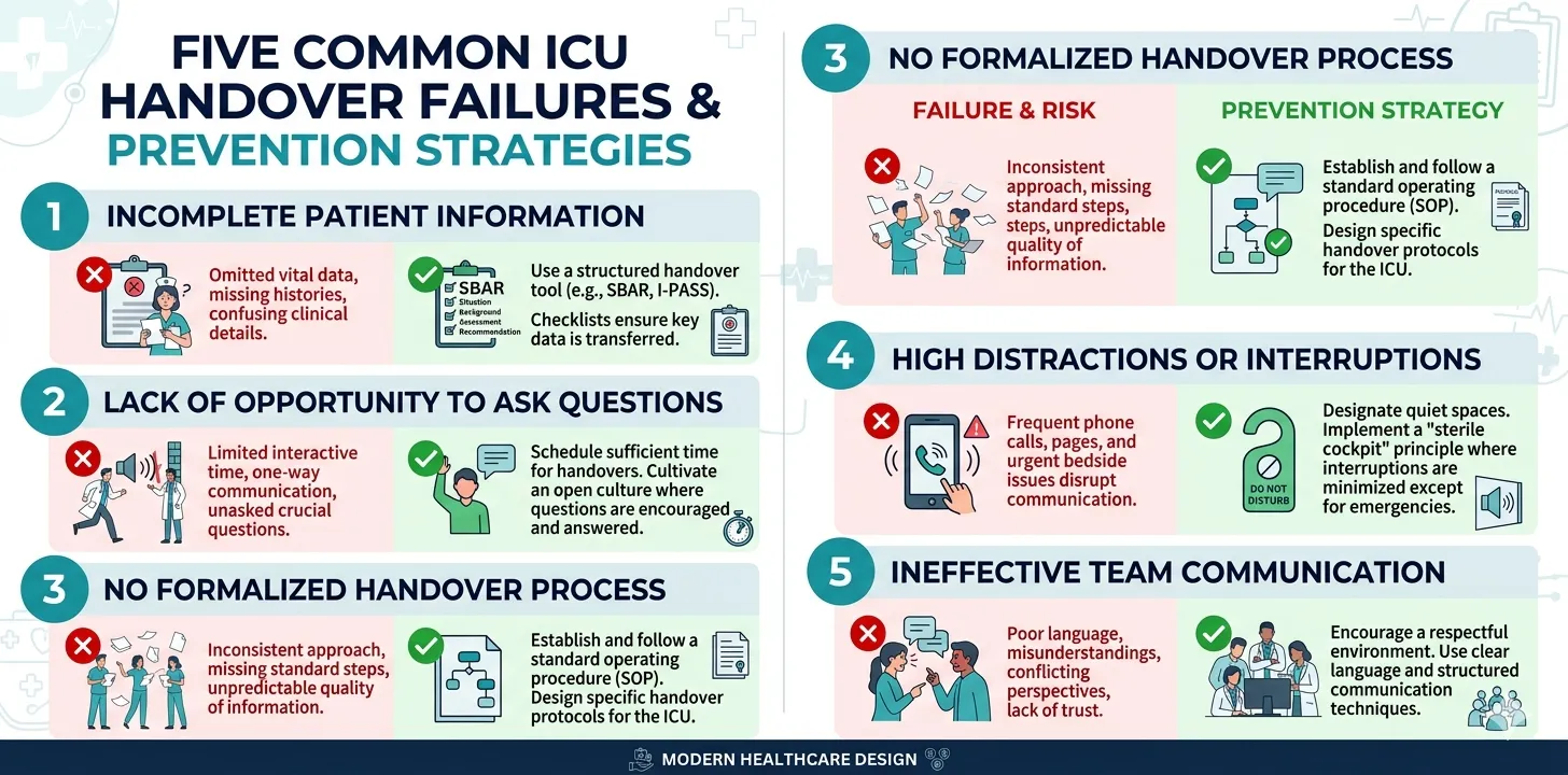Infographic listing five most common ICU patient handover failures with prevention strategies, red warning icons for each failure and green solution icons for prevention