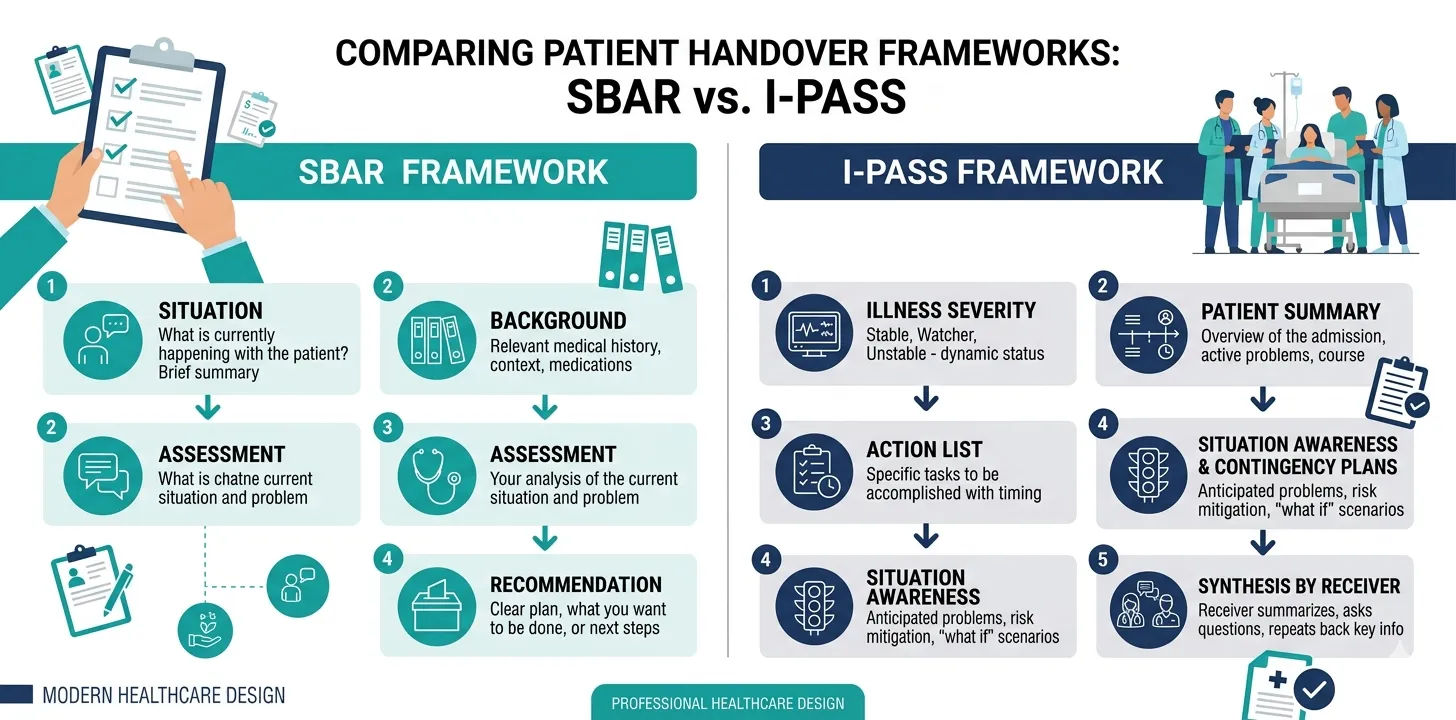 Side-by-side infographic comparing SBAR and I-PASS ICU patient handover frameworks, showing labeled components of each with connecting arrows on a professional healthcare design background