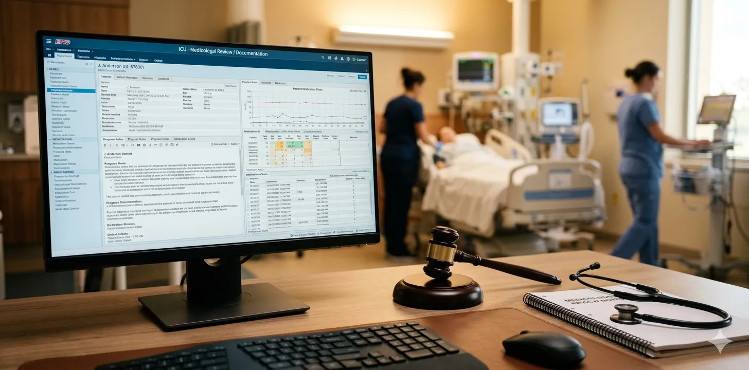 Medical records folder, stethoscope, and gavel on a clinical desk representing medicolegal documentation requirements in ICU practice