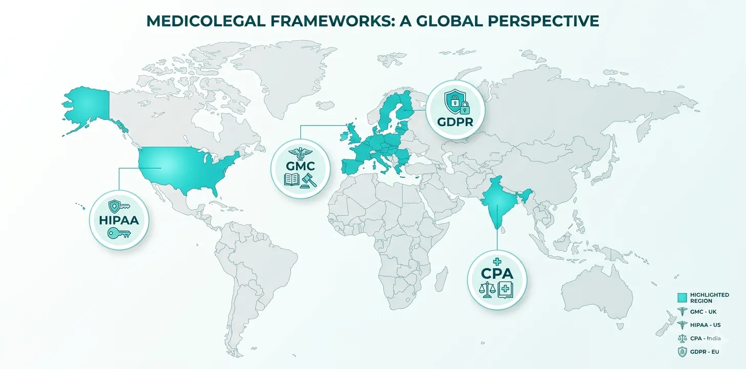 World map infographic highlighting medicolegal documentation frameworks across US, UK, India, and EU including HIPAA, GMC standards, Consumer Protection Act, and GDPR