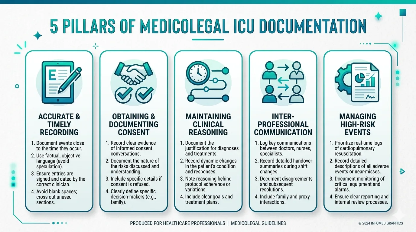 Infographic checklist showing the five pillars of medicolegal ICU documentation in India: contemporaneous records, informed consent, clinical reasoning, complication documentation, and family counselling