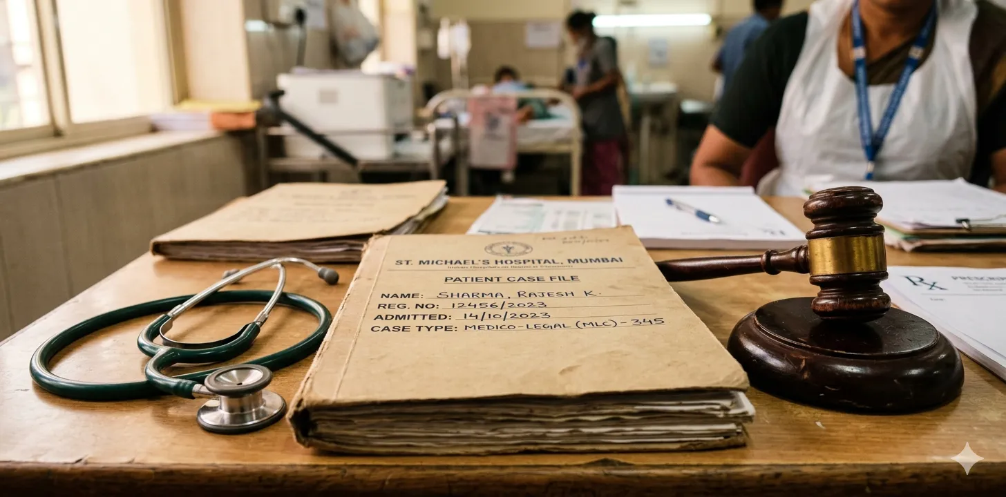 Indian hospital medical records file, stethoscope, and gavel on a clinical desk representing the intersection of medicolegal documentation and legal proceedings in Indian ICU practice