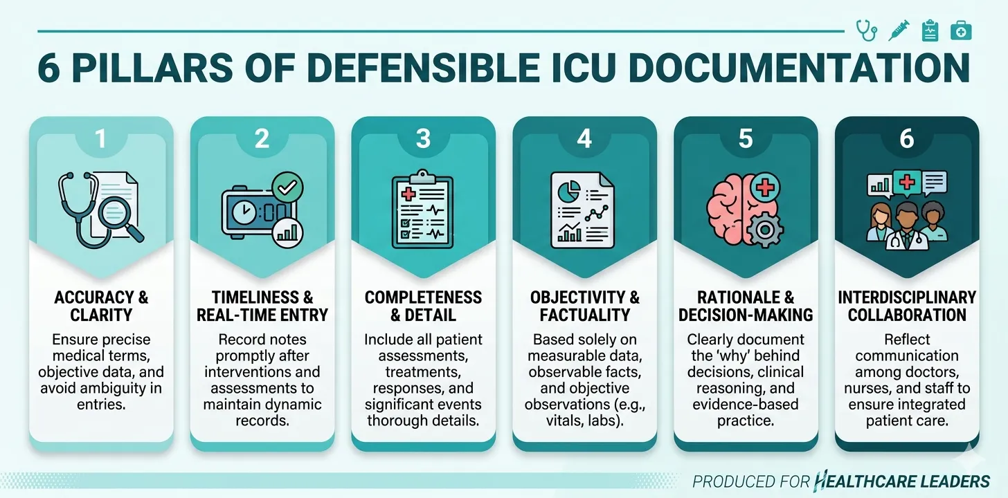 Infographic showing six pillars of medicolegally defensible ICU documentation: contemporaneous records, clinical reasoning, objective language, completeness, attribution, and audit trails