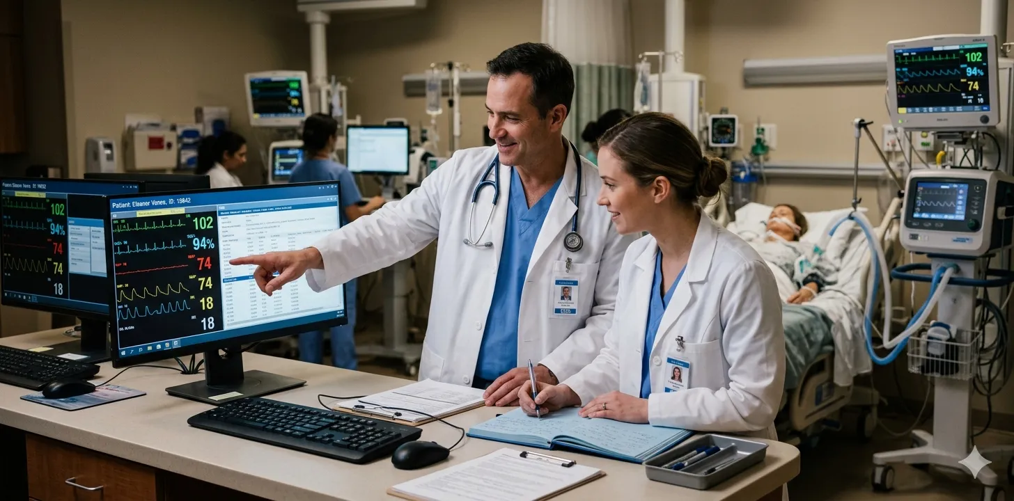 Two ICU doctors conducting a structured patient handover at a clinical workstation, one pointing at the screen while the other takes notes, with patient monitors and ventilators in the background
