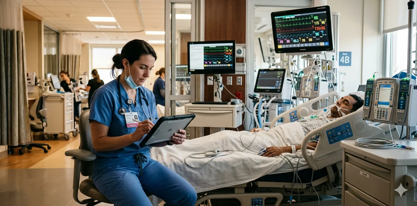 ICU doctor using a tablet for efficient clinical documentation at the patient bedside, with vital signs monitors in the background of a modern intensive care unit
