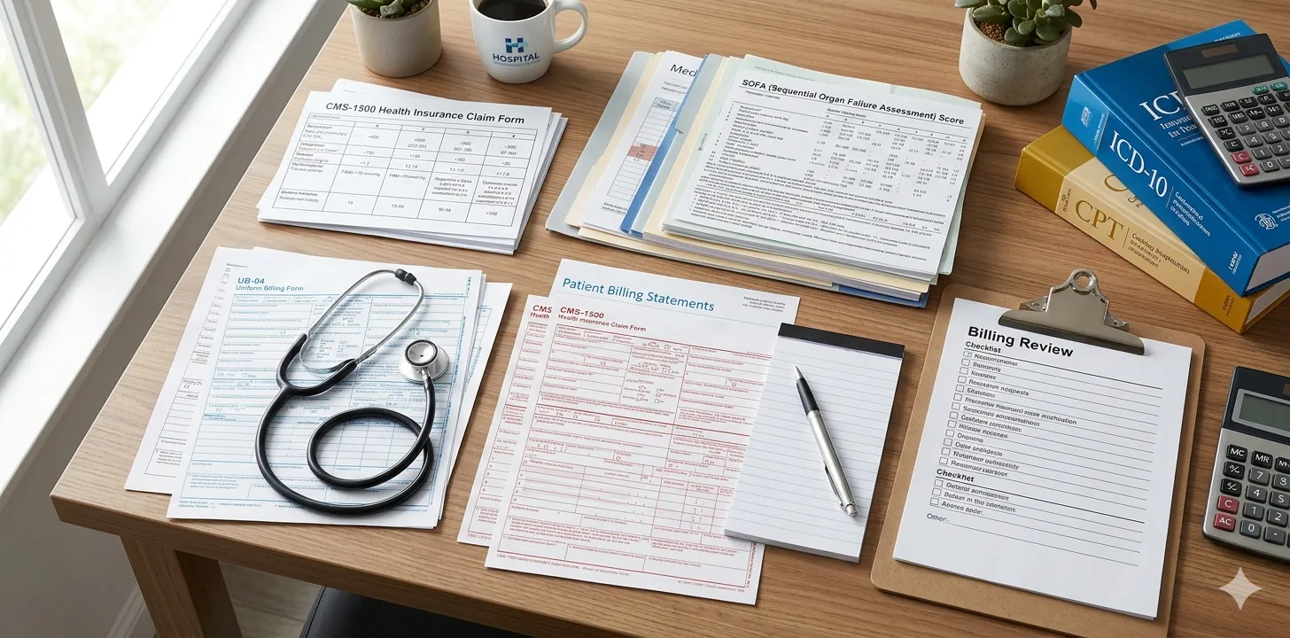 Insurance claim forms, stethoscope, and ICU hospital bill on a desk representing the TPA review process for health insurance claims in India