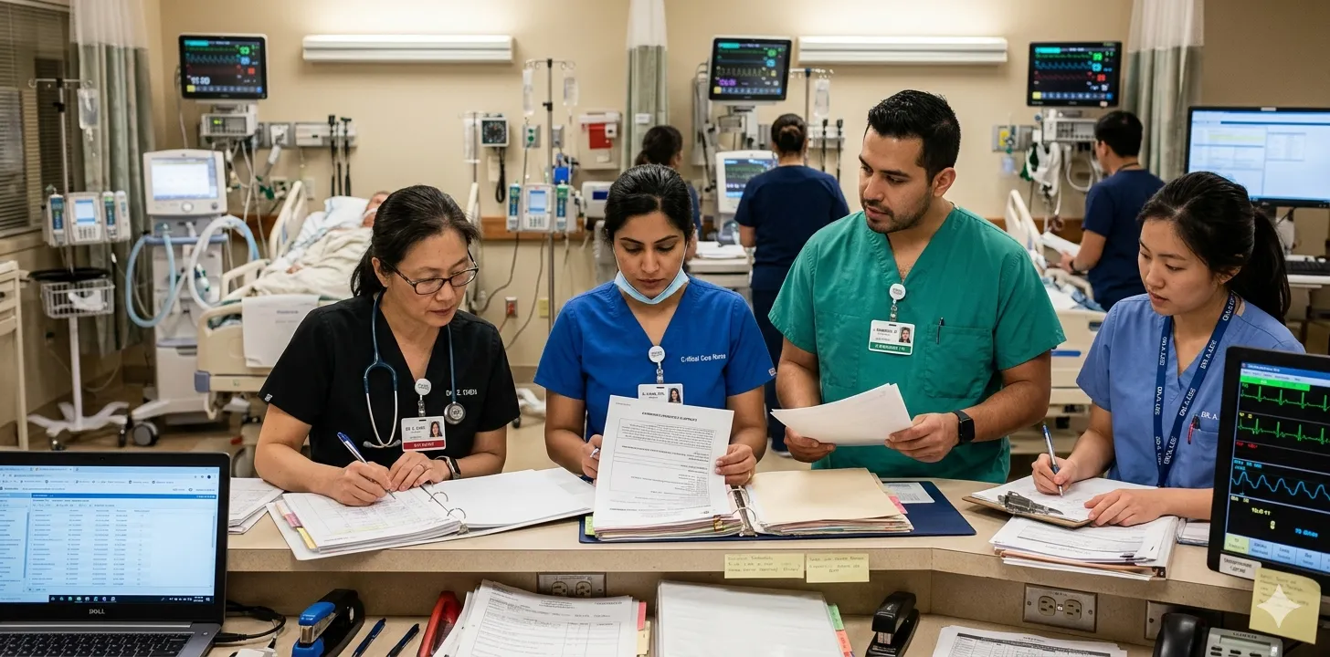 ICU medical team preparing inter-facility patient transfer documentation at a clinical workstation, with patient monitors and ventilator equipment visible in the background