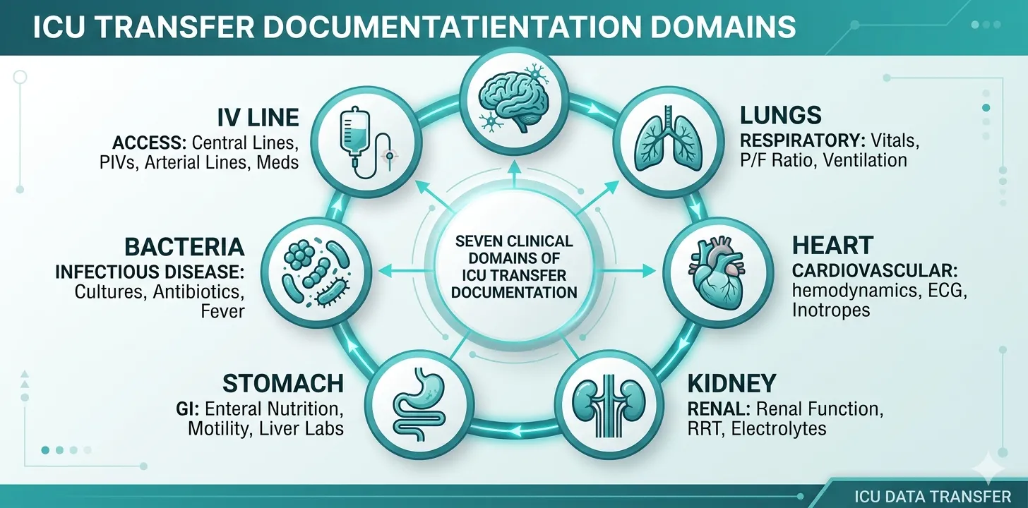 Circular infographic showing seven clinical domains of ICU transfer documentation: neurological, respiratory, cardiovascular, renal, gastrointestinal, infectious disease, and vascular access