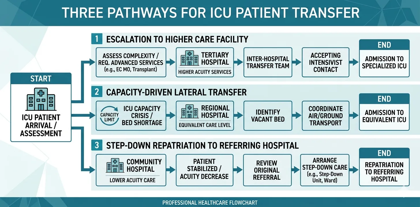 Flowchart showing three ICU patient transfer pathways: escalation to higher-care facility, capacity-driven lateral transfer, and step-down repatriation to referring hospital