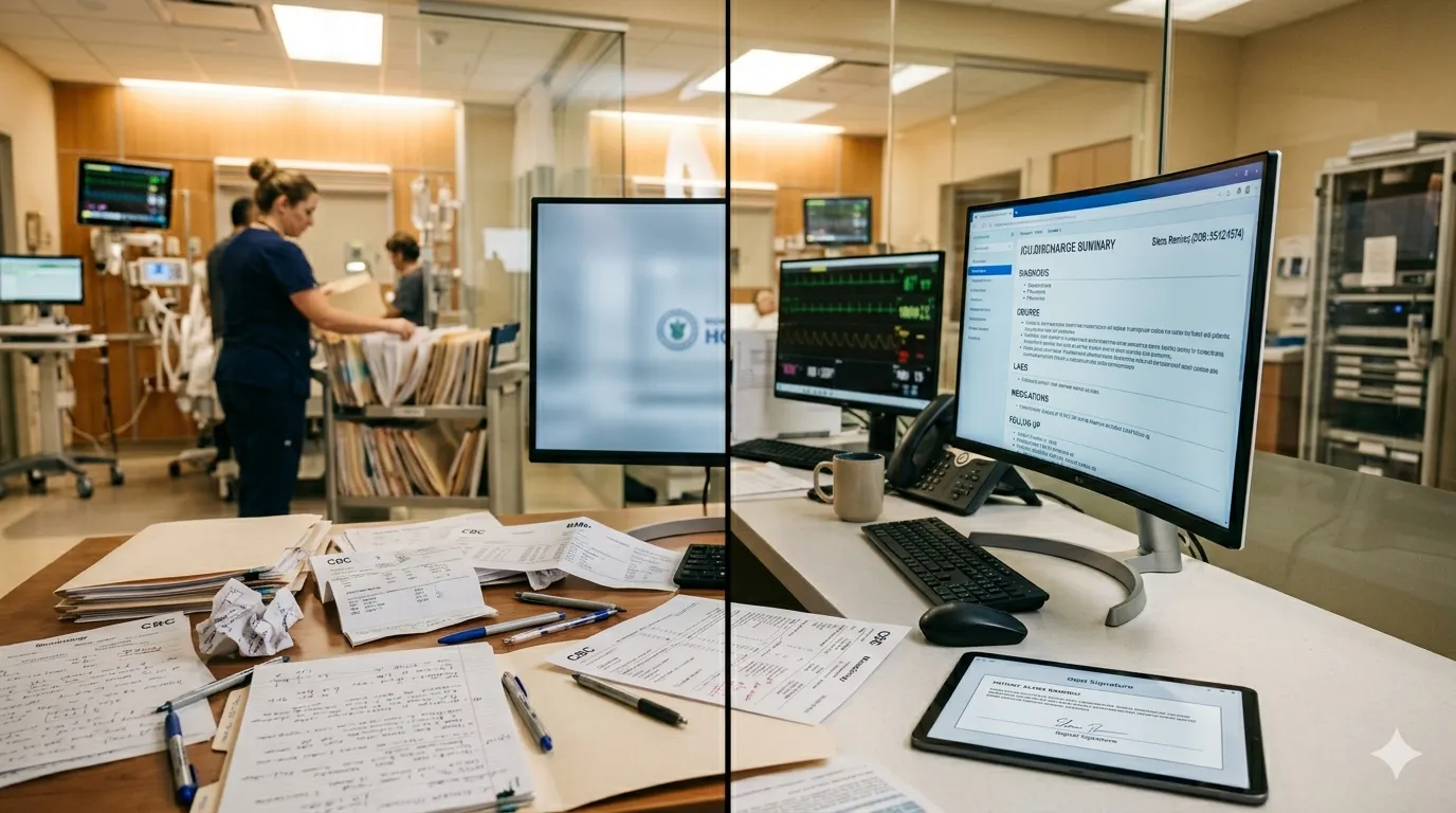 Split-screen comparison showing manual ICU documentation with scattered handwritten notes and lab printouts on the left versus clean AI-assisted structured digital workflow on the right