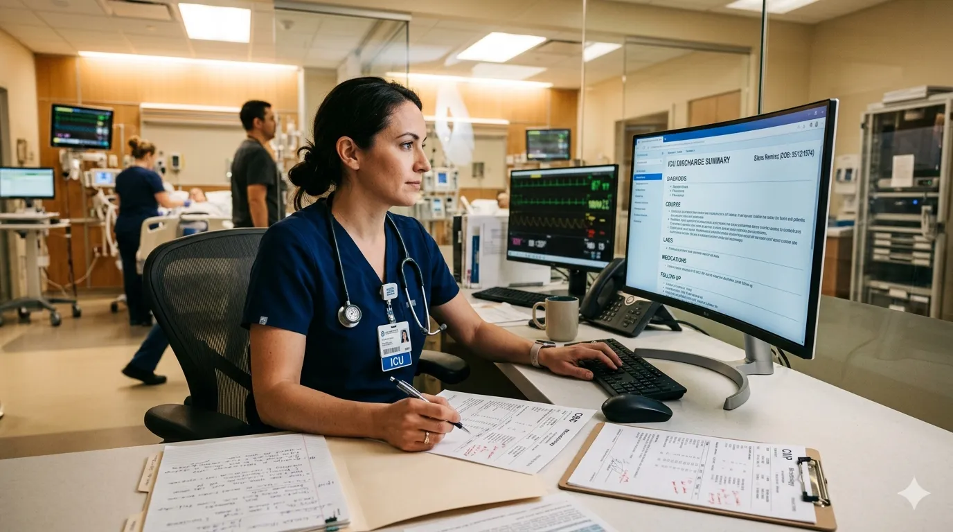 ICU physician reviewing a patient discharge summary on a computer screen with printed clinical notes and lab reports on the desk, comparing manual versus AI documentation
