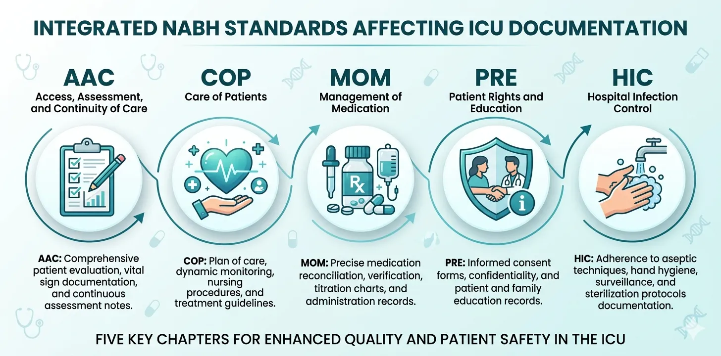 Infographic showing five NABH standard chapters governing ICU documentation in India: access and assessment, care of patients, medication management, patient rights, and infection control