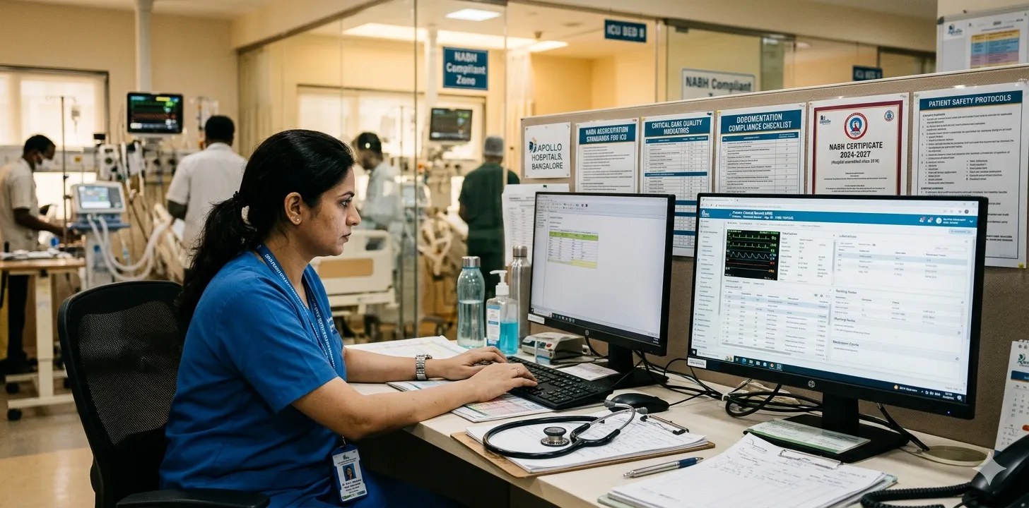 Indian hospital ICU workstation with NABH quality accreditation documents and clinical records on screen, representing NABH documentation standards in critical care