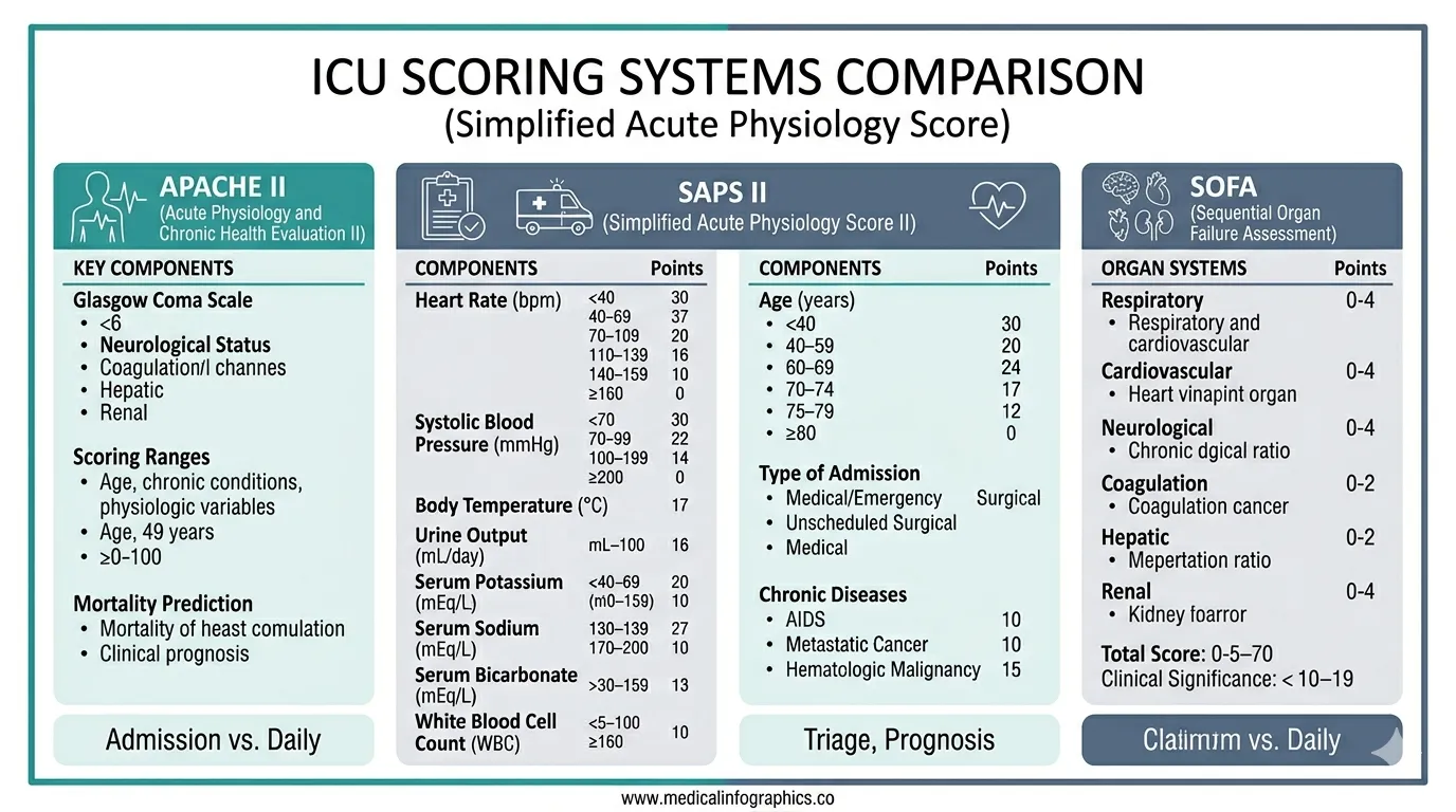 Comparison infographic showing SAPS, APACHE II, and SOFA ICU scoring systems side by side, highlighting differences in timing, number of variables, and clinical purpose