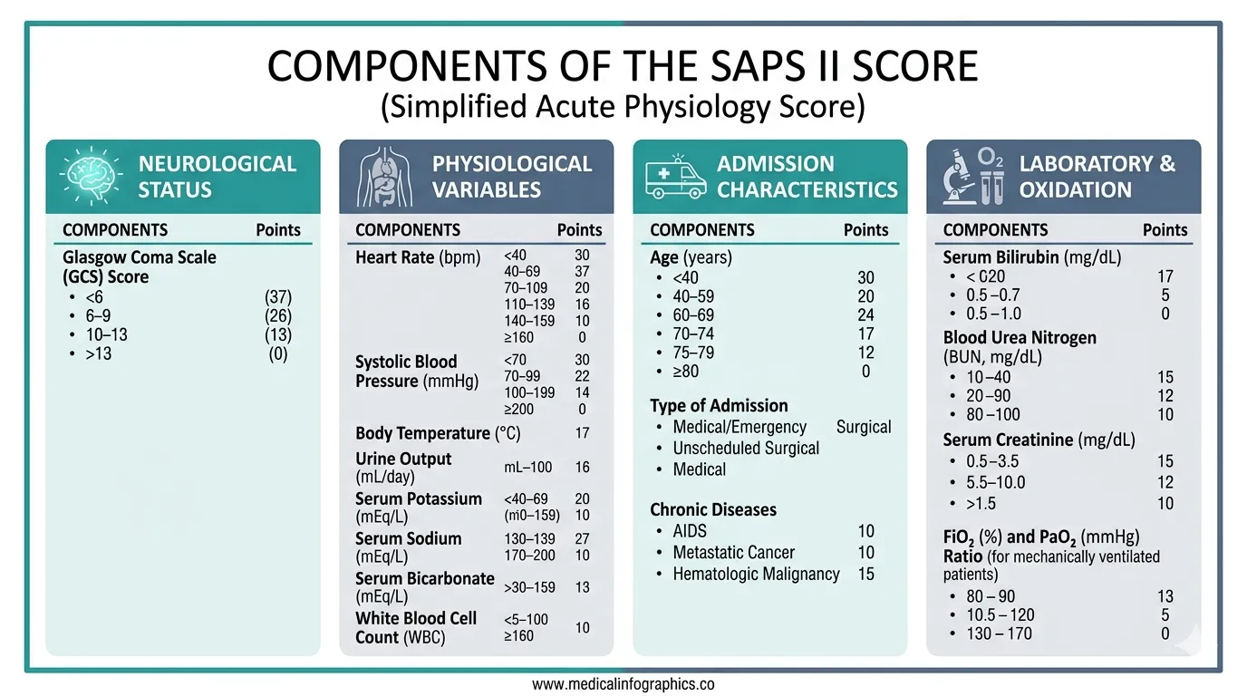 Infographic showing SAPS II score components organised in four categories: physiological variables, age points, admission type, and chronic disease status with point ranges for each