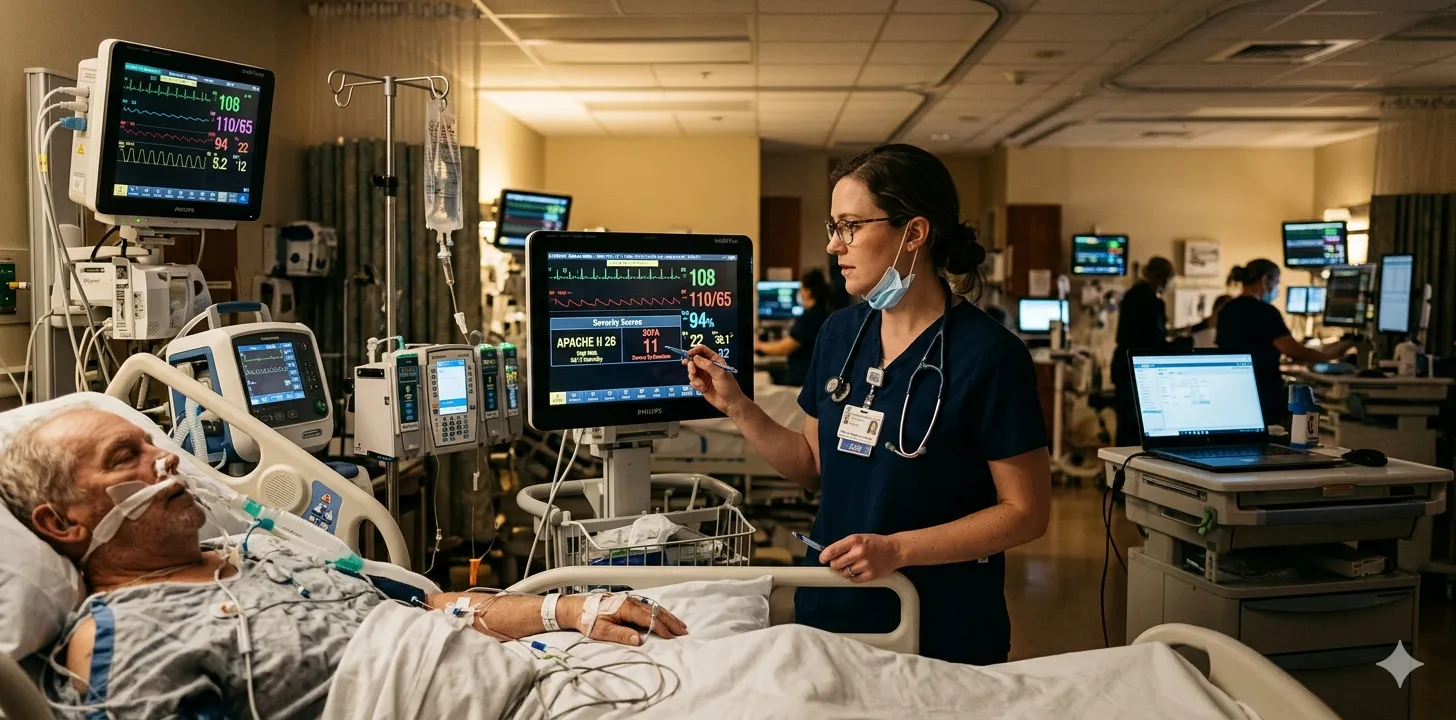 ICU clinician reviewing SAPS severity scoring data and patient physiological parameters on a bedside clinical monitor in a modern intensive care unit