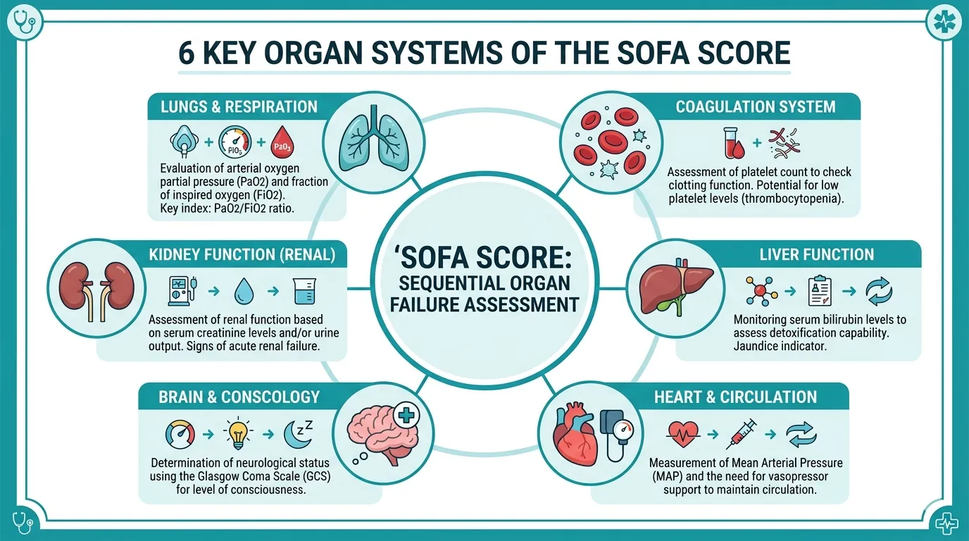 Medical diagram showing the 6 SOFA score organ systems: respiratory (lungs), coagulation (platelets), hepatic (liver), cardiovascular (heart), CNS (brain), and renal (kidneys)