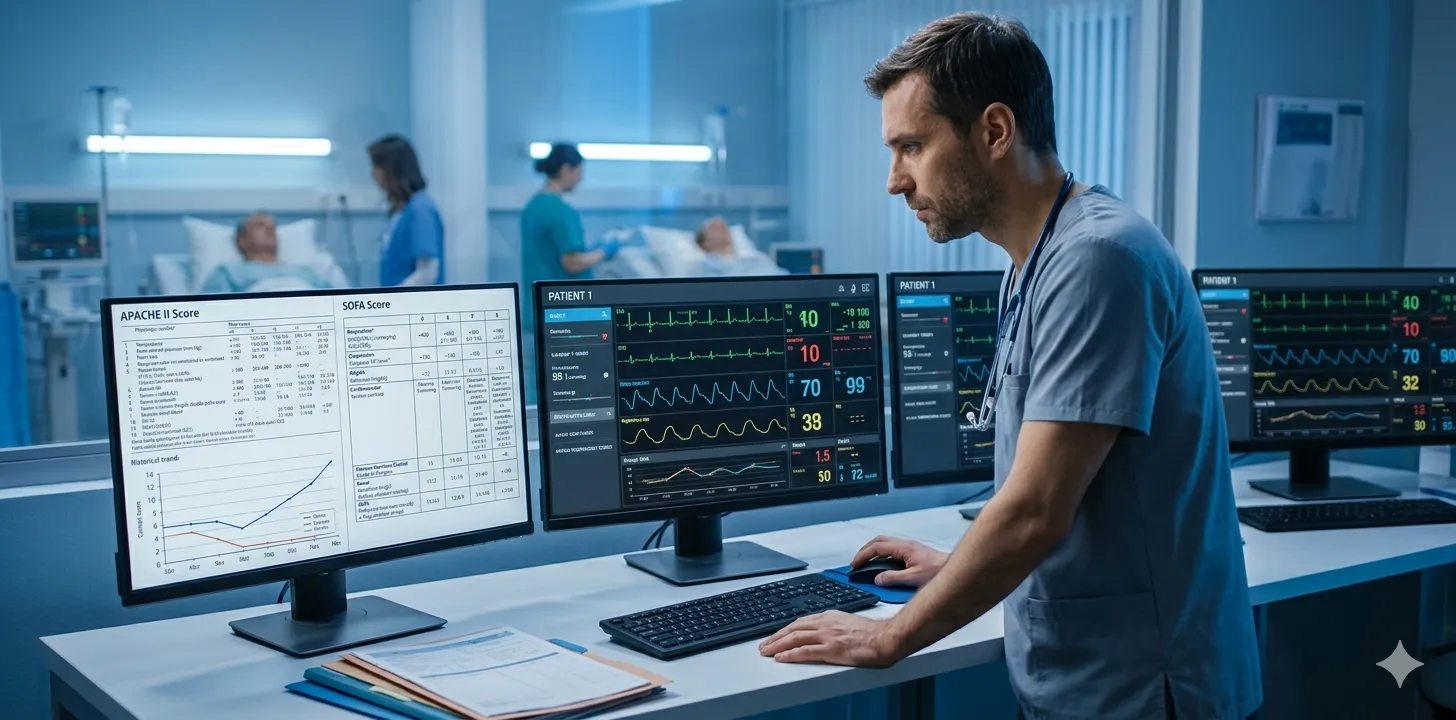 ICU doctor reviewing SOFA score charts and patient monitoring data on a clinical workstation in an intensive care unit