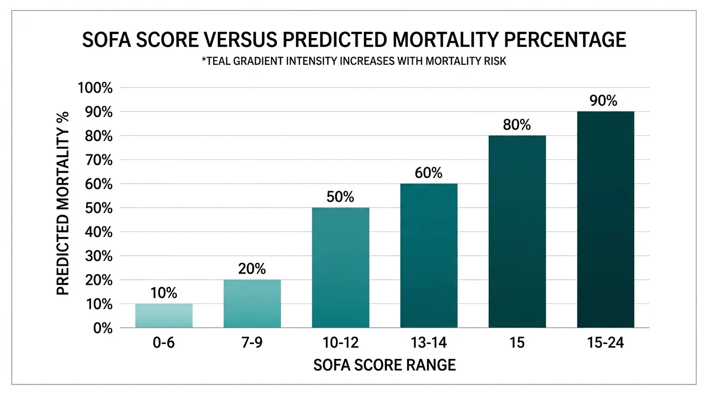 Bar chart showing SOFA score ranges 0–24 plotted against predicted ICU mortality percentage, from under 10% at low scores to over 90% at scores above 15