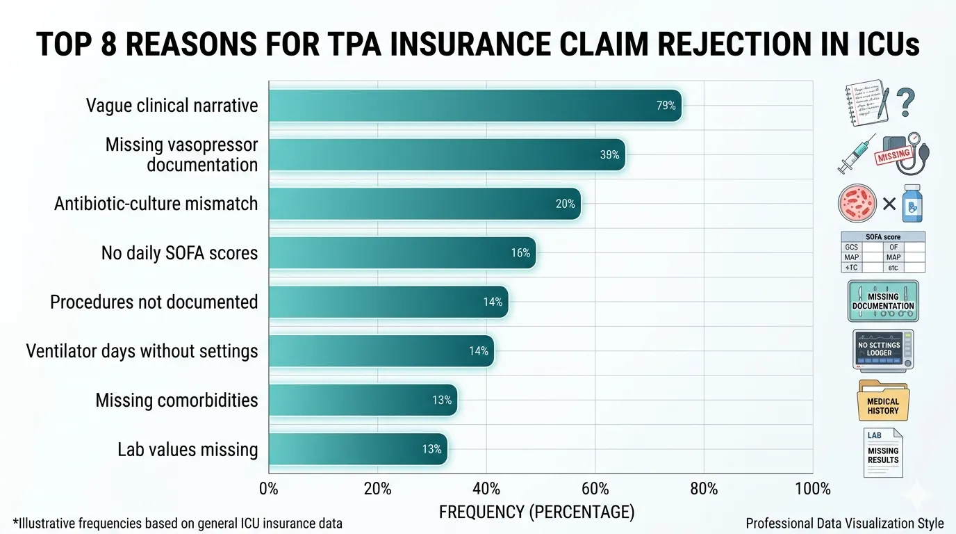 Horizontal bar chart showing the 8 most common TPA insurance claim rejection reasons for ICU stays in India, ranked by frequency — including missing SOFA scores, vasopressor documentation gaps, and vague clinical narratives