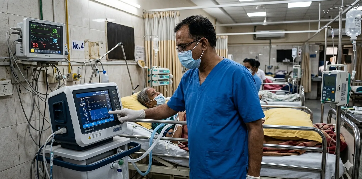 ICU doctor examining mechanical ventilator settings and weaning readiness parameters on a modern ventilator screen beside a patient bed in an Indian hospital ICU