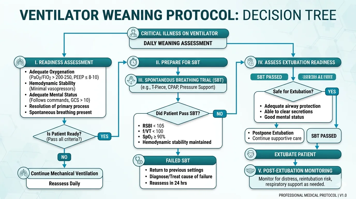 Ventilator weaning protocol decision tree flowchart showing daily readiness screening, spontaneous breathing trial pass/fail criteria, extubation checklist, and reintubation triggers in ICU